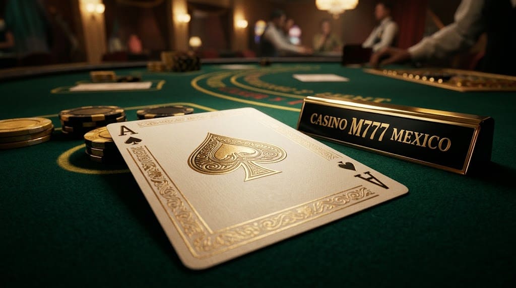 As de picas dorado sobre fieltro verde junto a placa CASINO M777 MEXICO