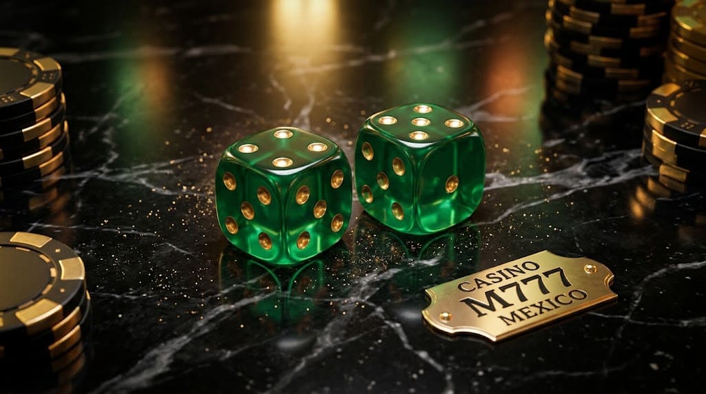 Dados de cristal verde sobre mármol negro con placa dorada CASINO M777 MEXICO y fichas negras