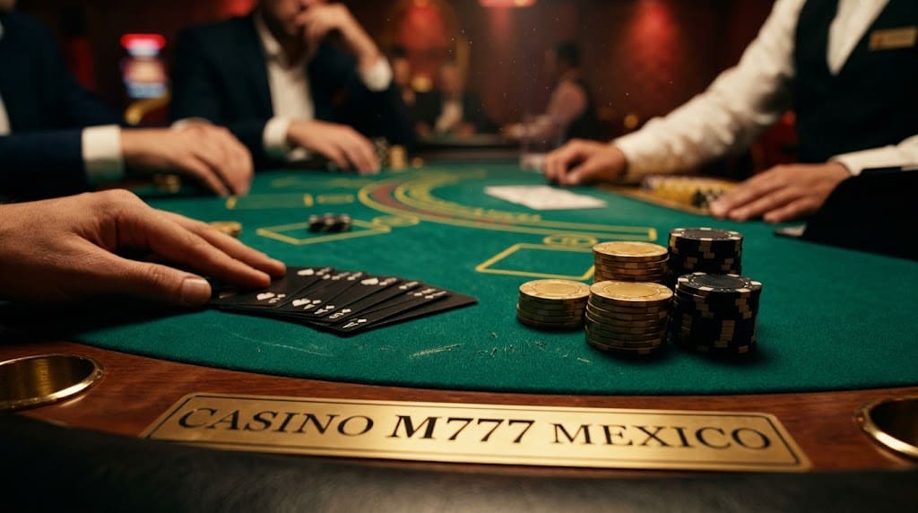 Paño verde de blackjack con placa CASINO M777 MEXICO, fichas y cartas negras en primer plano