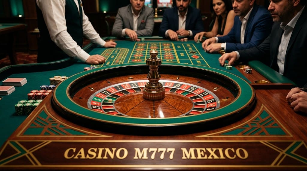 Ruleta de madera y oro con leyenda CASINO M777 MEXICO y jugadores alrededor del paño
